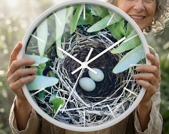 Vogelnest mit Eiern Wanduhr | Natur Nesting Dekor, botanische Wandkunst