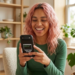 May include: A black smartphone case with the text "FORCE PUSH TO MAIN" in white. The phone is held by a person wearing a green long-sleeved top. The person has pink hair and is smiling.