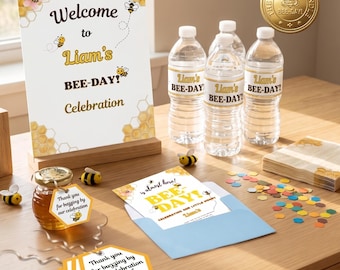 Bee Day Birthday Party Bundle, Editable Canva Invitation, Welcome Sign (Digital Download)