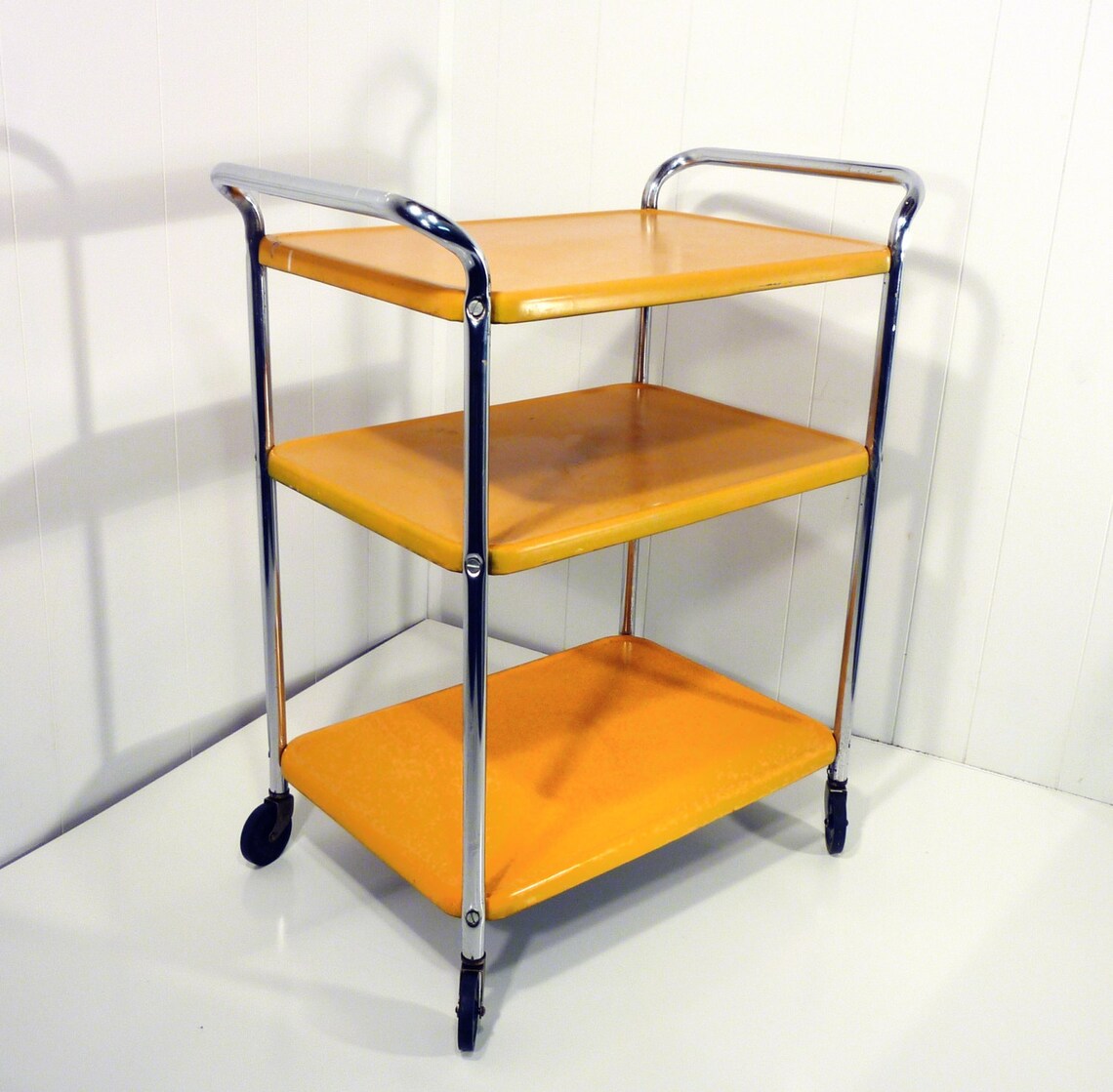 Golden yellow metal kitchen cart movable painted vintage 50s Etsy