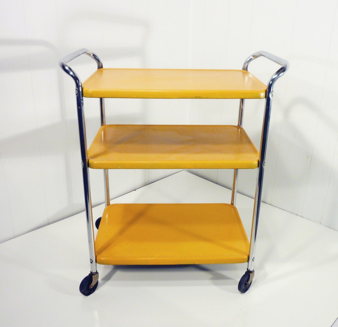 Golden yellow metal kitchen cart movable painted vintage 50s Etsy