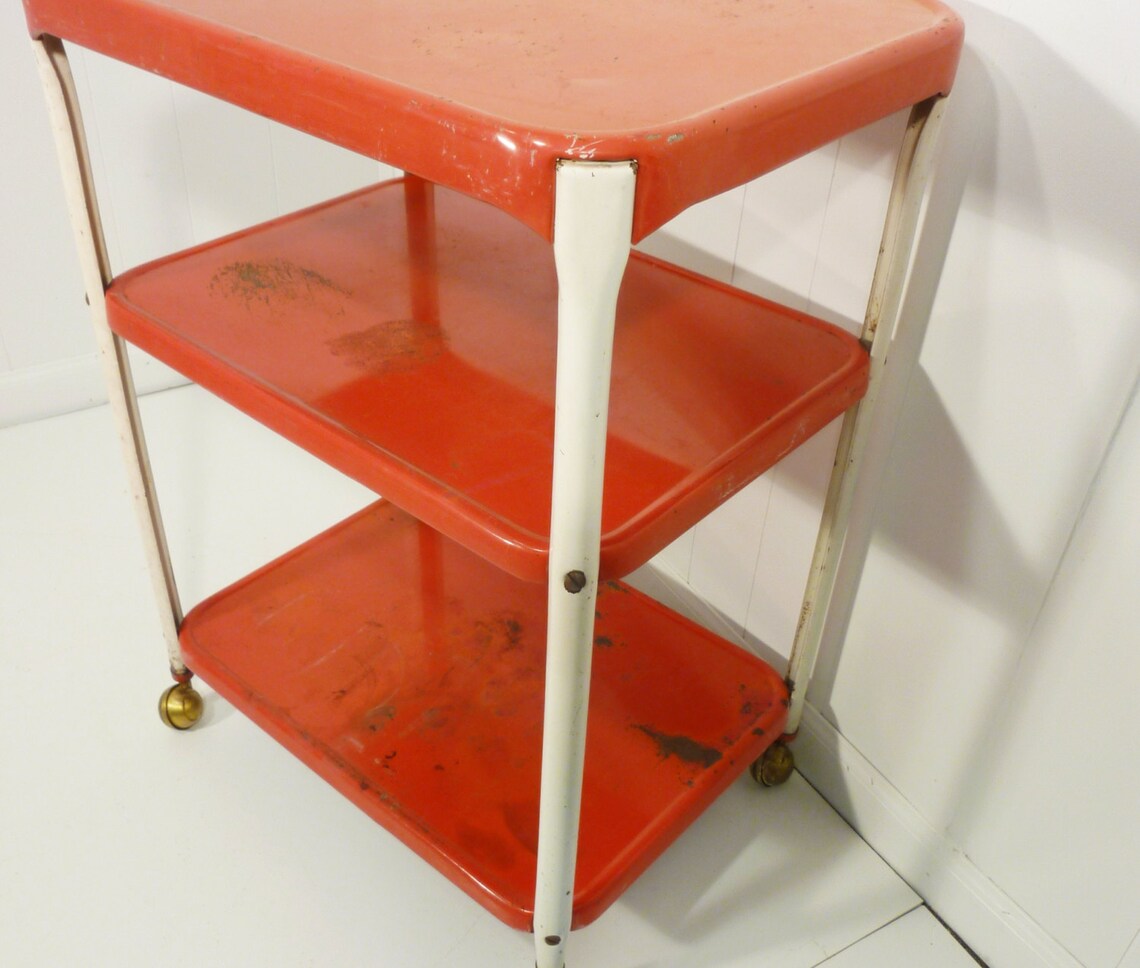 Cosco chippy red metal kitchen cart movable painted vintage Etsy