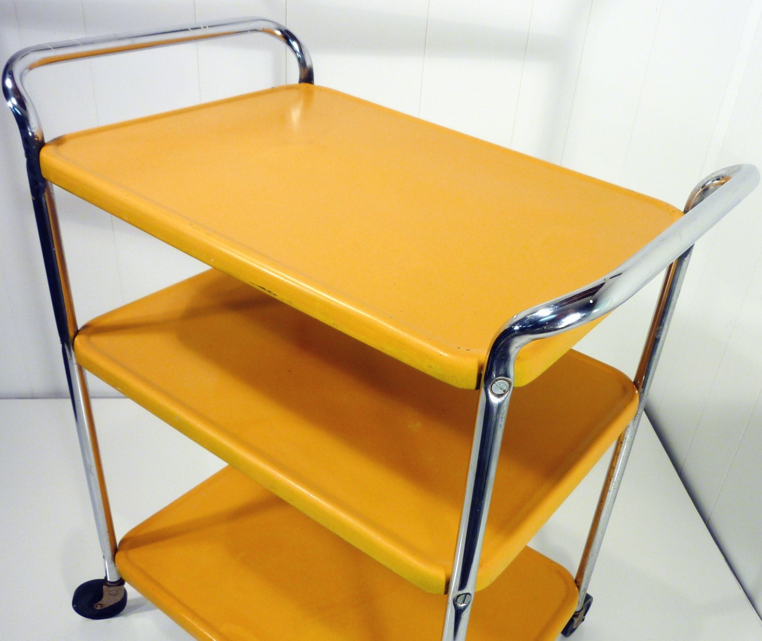 Golden yellow metal kitchen cart movable painted vintage 50s Etsy