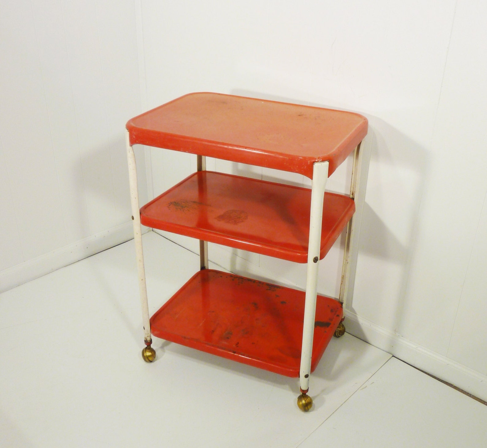 Cosco chippy red metal kitchen cart movable painted vintage Etsy