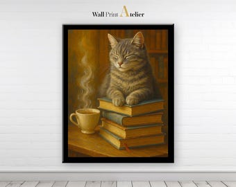 Cozy Cat Sleeping on Books | Printable Wall Art | Book Lover Decor | Relaxing Home Illustration