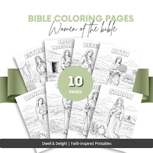 May include: Ten black and white coloring pages featuring illustrations of women from the Bible. Each page displays a different woman's name, including Esther, Mary Magdalene, and Ruth. The pages are arranged in a fan shape with a green ribbon and text that reads "Bible Coloring Pages".