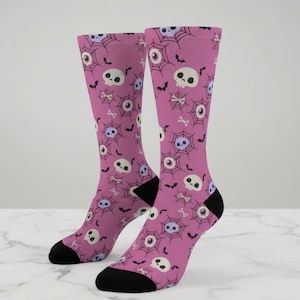 Kawaii Skull & Bats Cushioned Crew Socks, Unique Gift for Sock Lovers, Halloween Goth Accessories
