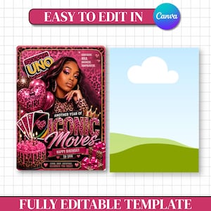 May include: A digital birthday invitation template featuring a pink leopard print background, a person with dark hair, UNO cards, a pink frosted cake, and text including "Another Year of Iconic Moves" and "Happy Birthday to you" with a blank space.
