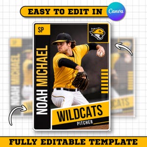 Puede incluir: Una plantilla de tarjeta de béisbol que muestra a un lanzador con camiseta amarilla y gorra negra lanzando una pelota. La tarjeta incluye el texto Noah Michael, Wildcats, Pitcher y SP, con un diseño en amarillo y negro y el logo de Canva.