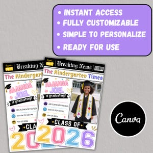 etsy digital download, kindergarten graduation newspaper template, editable graduation announcement Canva, Class of 2026 kids graduation, preschool graduation newspaper, printable graduation keepsake, Canva graduation template kids, custom graduation announcement design, DIY graduation newspaper flyer, instant download Canva template, photo graduation story template, school graduation announcement printable