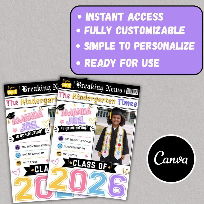 etsy digital download, kindergarten graduation newspaper template, editable graduation announcement Canva, Class of 2026 kids graduation, preschool graduation newspaper, printable graduation keepsake, Canva graduation template kids, custom graduation announcement design, DIY graduation newspaper flyer, instant download Canva template, photo graduation story template, school graduation announcement printable