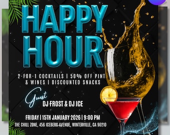 Happy Hour-flyer, flygblad för damernas kväll, evenemangsflyer, tropisk Happy Hour, cocktailflyer, ölflyer, bar & grill, tropisk, bar, gör-det-själv-canvas