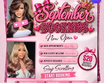 September Booking Flyer, September Books Now Open Flyer, Fall Season Booking Flyer, September Fall Hair Braids Wig Nails Lashes Makeup Flyer