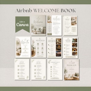 Puede incluir: Un conjunto de plantillas de Welcome Book de Airbnb con varias páginas, incluyendo "Bienvenida", "Wi-Fi", "Reglas de la casa" y "Contactos de emergencia". El diseño presenta una paleta de colores neutros con elementos decorativos y el texto "Edit in Canva".