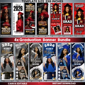 May include: A bundle of graduation banners with various designs. The banners feature photos of graduates, the year 2026, and congratulatory messages. The banners are in red, black, and blue color schemes. The text "4x Graduation Banner Bundle" is also present.