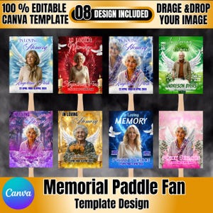 Pode incluir: Uma coleção de oito modelos de leques de memorial. Cada leque apresenta um retrato, as palavras "In Loving Memory" e o nome e as datas do falecido. O design inclui asas de anjo, pombas e fundos florais ou paisagísticos. O texto "100% Editable Canva Template" está no topo.
