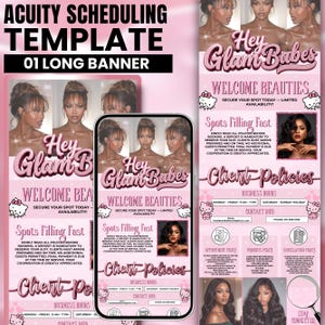 Könnte beinhalten: Rosa-weißes Acuity-Planungsvorlagenbanner mit dem Text "Hey Glam Babes" und "Welcome Beauties". Das Banner enthält Informationen zu Kundenrichtlinien und Geschäftszeiten. Das Banner hat ein langes, vertikales Design.