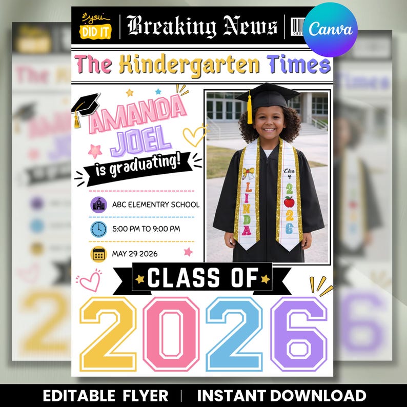 etsy digital download, kindergarten graduation newspaper template, editable graduation announcement Canva, Class of 2026 kids graduation, preschool graduation newspaper, printable graduation keepsake, Canva graduation template kids, custom graduation announcement design, DIY graduation newspaper flyer, instant download Canva template, photo graduation story template, school graduation announcement printable
