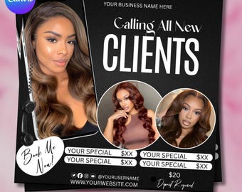 New Client Booking Flyer, Calling All New Clients, Hair Stylist, Lash Tech, Nail Tech, MUA, Digital download Editable Canva Template