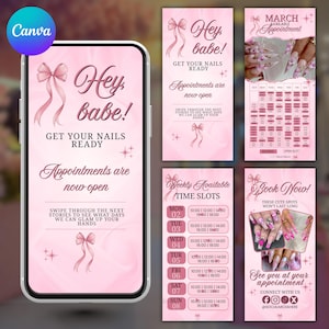 May include: Pink nail salon promotional graphics on a smartphone screen and additional cards. The graphics include text like "Hey babe! Get your nails ready" and a calendar for March appointments. Includes weekly time slots.
