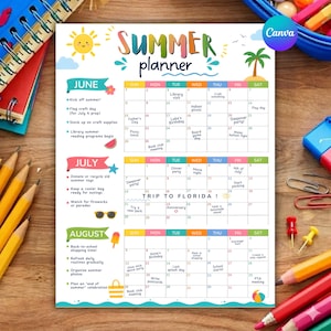 May include: A colorful summer planner with the text "SUMMER planner" and calendar dates for June, July, and August. The planner includes summer activities like picnics, fireworks, and back-to-school shopping. The Canva logo is visible.
