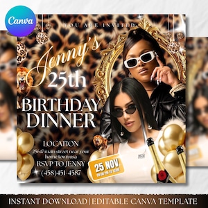Leopardenmuster Geburtstag Flyer | Gold Dinner Einladung | Bearbeitbarer Social Media Flyer | DIY Foto Party Vorlage | SMS Einladung