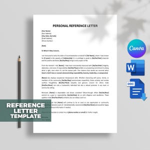 Pode incluir: Um modelo de carta de referência pessoal em papel branco com um lápis, ícones Canva, Word e Doc. A carta inclui seções para o nome e endereço do destinatário e os detalhes do recomendador. O texto diz "REFERENCE LETTER TEMPLATE".