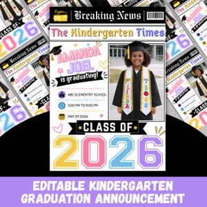 etsy digital download, kindergarten graduation newspaper template, editable graduation announcement Canva, Class of 2026 kids graduation, preschool graduation newspaper, printable graduation keepsake, Canva graduation template kids, custom graduation announcement design, DIY graduation newspaper flyer, instant download Canva template, photo graduation story template, school graduation announcement printable