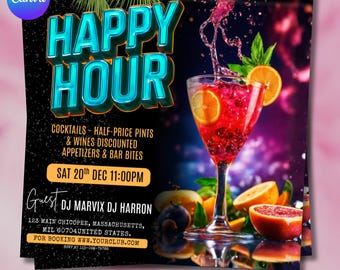 Folleto de Happy Hour, Folleto de Noche de Damas, Folleto de Evento, Happy Hour Tropical, Folleto de Cócteles, Folleto de Cerveza, Bar y Parrilla, Tropical, Bar Digital