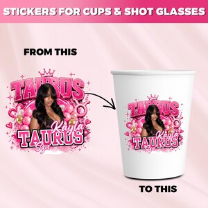 etsy digital download, cup sticker template Canva, styrofoam cup sticker template, zodiac birthday sticker, pink birthday cup sticker, taurus birthday party decor, astrology party sticker template, editable Canva sticker, party cup label template, instant download Canva template, custom birthday stickers, girls party decor stickers, DIY party sticker Canva, aesthetic birthday sticker design, customizable cup labels, zodiac party decorations
