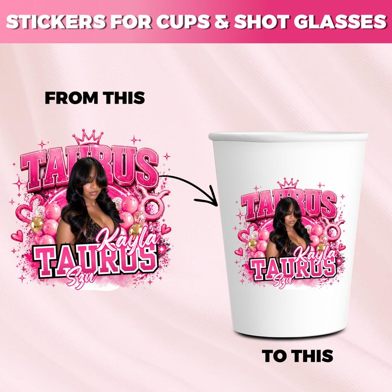etsy digital download, cup sticker template Canva, styrofoam cup sticker template, zodiac birthday sticker, pink birthday cup sticker, taurus birthday party decor, astrology party sticker template, editable Canva sticker, party cup label template, instant download Canva template, custom birthday stickers, girls party decor stickers, DIY party sticker Canva, aesthetic birthday sticker design, customizable cup labels, zodiac party decorations
