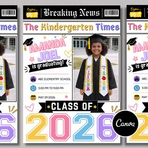 etsy digital download, kindergarten graduation newspaper template, editable graduation announcement Canva, Class of 2026 kids graduation, preschool graduation newspaper, printable graduation keepsake, Canva graduation template kids, custom graduation announcement design, DIY graduation newspaper flyer, instant download Canva template, photo graduation story template, school graduation announcement printable