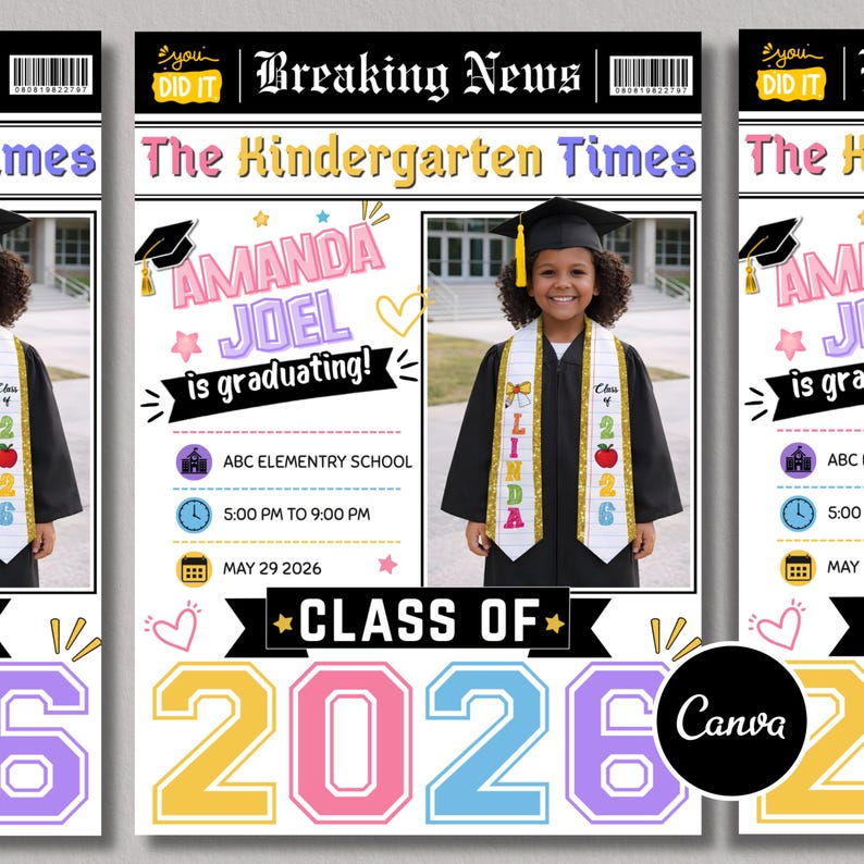 etsy digital download, kindergarten graduation newspaper template, editable graduation announcement Canva, Class of 2026 kids graduation, preschool graduation newspaper, printable graduation keepsake, Canva graduation template kids, custom graduation announcement design, DIY graduation newspaper flyer, instant download Canva template, photo graduation story template, school graduation announcement printable