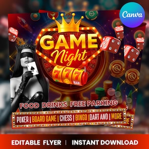 Game Night Party Flyer, Editable Canva Template (Social Media Announcement) Casino, Poker, Bingo Flyer, Club party flyer, Digital download