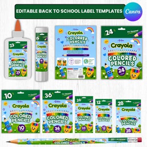 May include: A collection of editable Crayola colored pencil label templates featuring various pack sizes including 10, 12, 15, 23, 24, 26, 28, and 36 counts. The designs include colorful illustrations of pencils, rainbows, and stars on a light blue background.