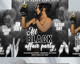 Plantilla Black Affair totalmente negra, elegante invitación a fiesta negra, folleto para fiestas de Black Friday, sábado, domingo y jueves, descarga digital personalizada