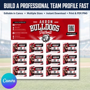 May include: A digital template for an Akron Bulldogs softball team profile featuring red and white graphics, contact information, a QR code, and twelve individual player cards with the name Harrison, number 18, and graduation year 2026.