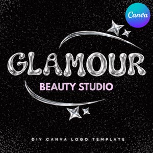 May include: A logo for a beauty studio, featuring the word "GLAMOUR" in a shiny, silver, bubble-like font. Below, "BEAUTY STUDIO" is in a pink font. The design includes silver star accents and curved lines on a black background with white speckles.