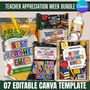 May include: A Teacher Appreciation Week bundle with various gifts. Includes a bag of chips, a water bottle, a composition book, and candy bars. The text reads "Best Teacher Ever" and "Thanks Teacher".