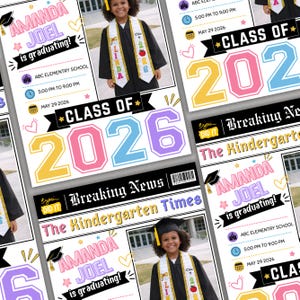 etsy digital download, kindergarten graduation newspaper template, editable graduation announcement Canva, Class of 2026 kids graduation, preschool graduation newspaper, printable graduation keepsake, Canva graduation template kids, custom graduation announcement design, DIY graduation newspaper flyer, instant download Canva template, photo graduation story template, school graduation announcement printable