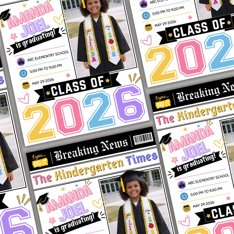 etsy digital download, kindergarten graduation newspaper template, editable graduation announcement Canva, Class of 2026 kids graduation, preschool graduation newspaper, printable graduation keepsake, Canva graduation template kids, custom graduation announcement design, DIY graduation newspaper flyer, instant download Canva template, photo graduation story template, school graduation announcement printable
