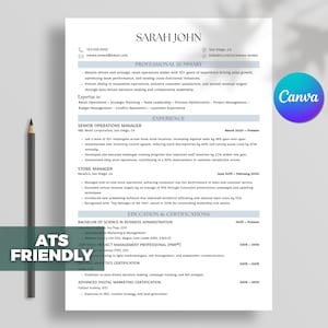 May include: A resume template with the name "SARAH JOHN" at the top. The resume includes sections for professional summary, experience, education, and certifications. The Canva logo is in the upper right corner. A pencil is on the left side.
