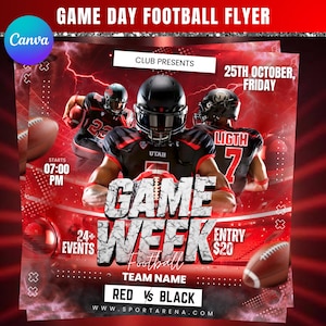 Pode incluir: Um flyer vermelho e preto do dia do jogo de futebol com o texto "Game Week Football". O flyer apresenta jogadores de futebol, bolas de futebol e o texto "Red vs Black". O evento começa às 19h00 do dia 25 de outubro.