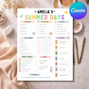 May include: A colorful summer planner titled "Amelia's Summer Days" with sections for morning, afternoon, and evening activities. Includes daily and weekly chores, notes, and a schedule. The planner has a Canva logo.