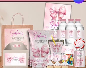 Pink Bow Birthday Party Bundle: Editable Favor Kit, Pink coquette birthday party kit, chip bag, water bottle,  thank you tag, DIY Canva