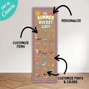 Könnte beinhalten: Ein vertikales, rechteckiges Schild mit braunem Hintergrund und violettem Wellenrand, das mit dem weißen Schriftzug THE SUMMER BUCKET LIST! versehen ist. Es enthält ein Raster aus leeren rechteckigen Feldern zum Beschriften, verziert mit kleinen sommerlichen Symbolen wie Sonne, Blumen, Flamingo, Fahrrad und Kamera.