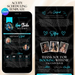 Könnte beinhalten: Ein schwarzer Smartphone-Bildschirm zeigt eine Terminvorlage für einen Schönheitssalon. Die Vorlage enthält den Text "Hair Studio by Lauren" und enthält Abschnitte für Buchungsrichtlinien, Kundenreferenzen und einen Aufruf zum Handeln, um einen Termin zu buchen.
