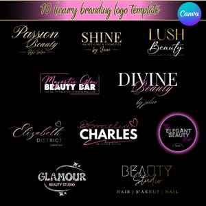 May include: A black background displays ten luxury branding logo templates. The logos feature elegant fonts in gold, white, and pink, with names like "Passion Beauty" and "Shine." The Canva logo is in the upper right corner.