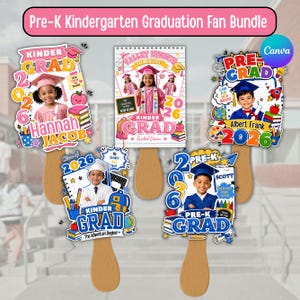 May include: A collection of wooden fan props for Pre-K and Kindergarten graduation. Each fan features a child's photo, the words "Kinder Grad," and the year 2026. Some fans include names like Hannah, Jacob, Albert Frank, and Scott. The bundle is designed with colorful graphics.
