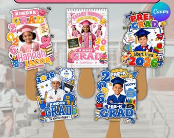 Plantilla de abanico para graduación de preescolar y jardín de infantes (5 unidades), paleta de graduación editable en Canva, graduación infantil de la clase de 2026, recuerdo de fiesta, diseños de abanicos imprimibles